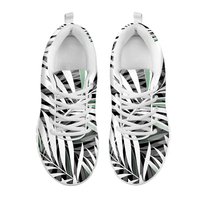 Black White Tropical Leaf Pattern Print White Running Shoes
