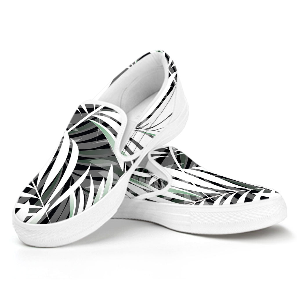 Black White Tropical Leaf Pattern Print White Slip On Sneakers