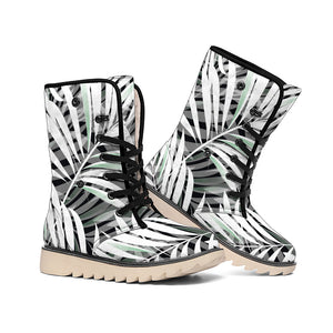 Black White Tropical Leaf Pattern Print Winter Boots