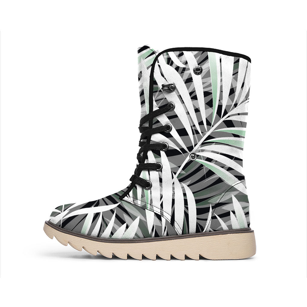 Black White Tropical Leaf Pattern Print Winter Boots