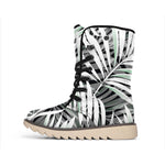 Black White Tropical Leaf Pattern Print Winter Boots