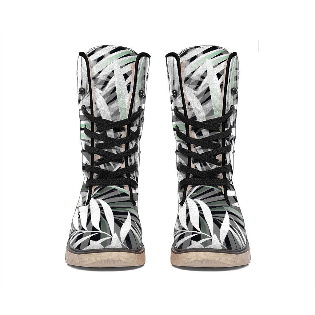 Black White Tropical Leaf Pattern Print Winter Boots