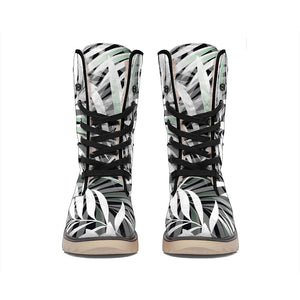 Black White Tropical Leaf Pattern Print Winter Boots