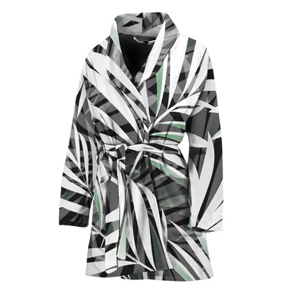 Black White Tropical Leaf Pattern Print Women's Bathrobe