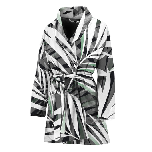 Black White Tropical Leaf Pattern Print Women's Bathrobe