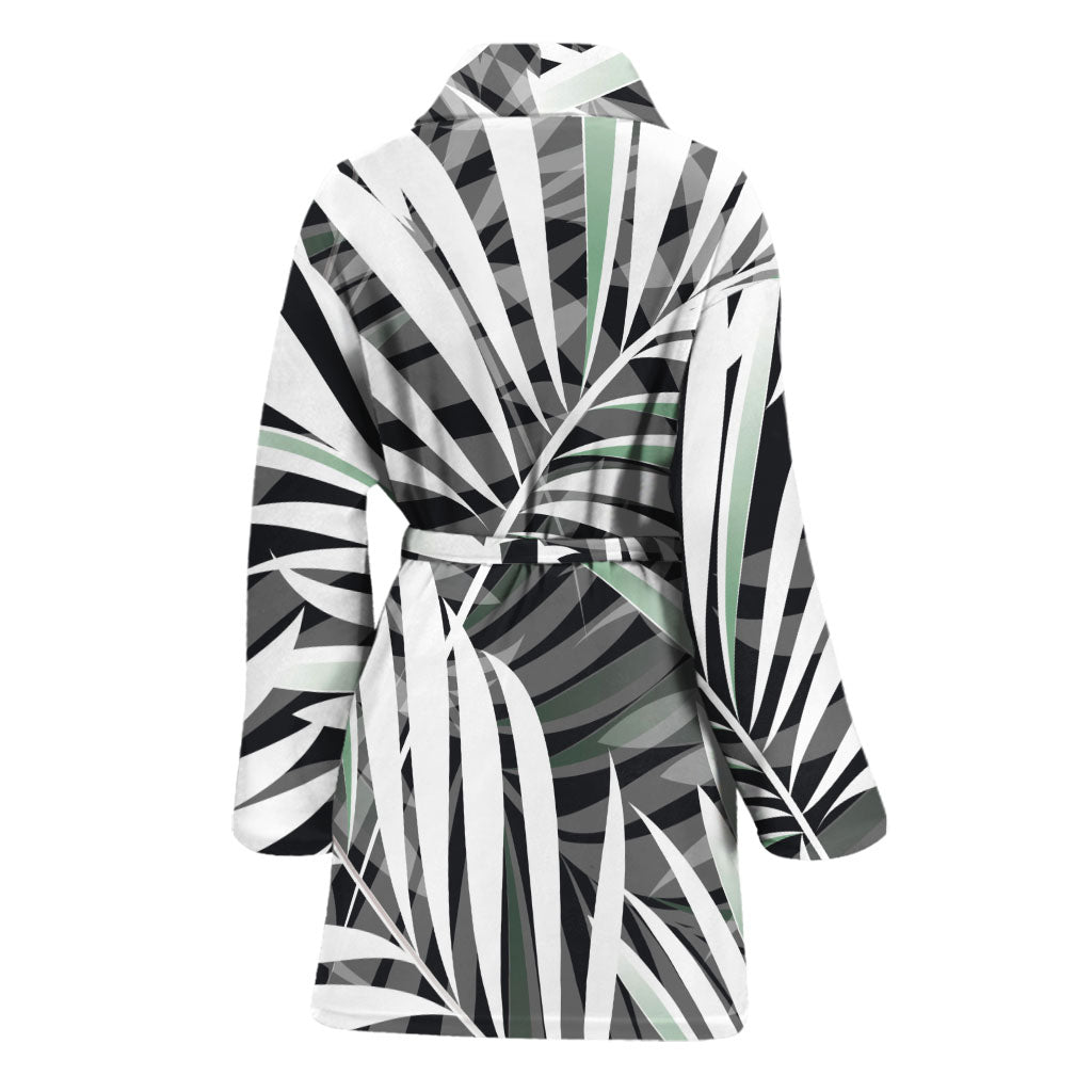 Black White Tropical Leaf Pattern Print Women's Bathrobe