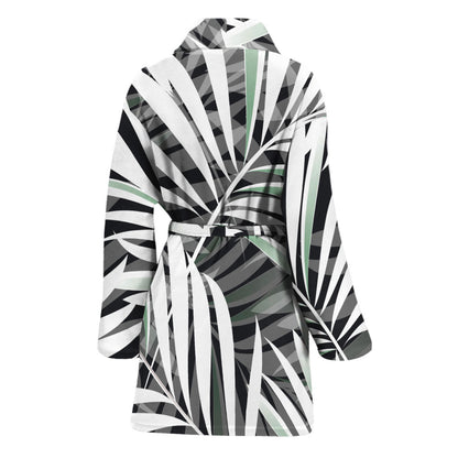Black White Tropical Leaf Pattern Print Women's Bathrobe
