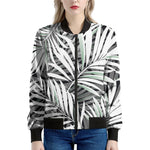 Black White Tropical Leaf Pattern Print Women's Bomber Jacket