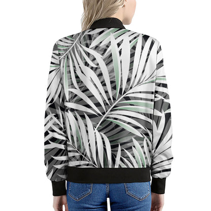 Black White Tropical Leaf Pattern Print Women's Bomber Jacket