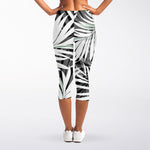 Black White Tropical Leaf Pattern Print Women's Capri Leggings