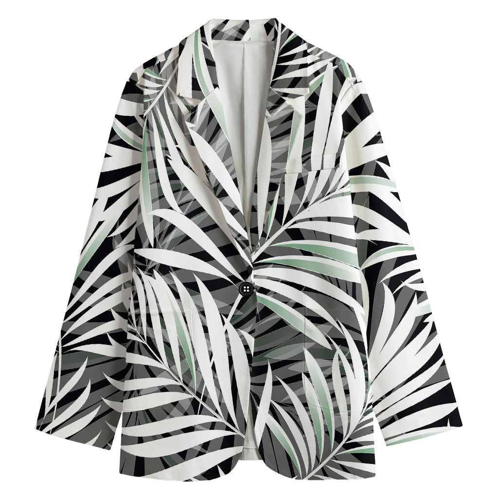 Black White Tropical Leaf Pattern Print Women's Cotton Blazer