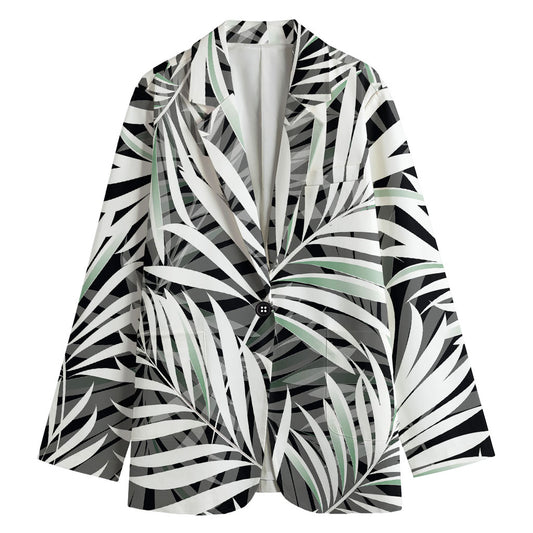 Black White Tropical Leaf Pattern Print Women's Cotton Blazer