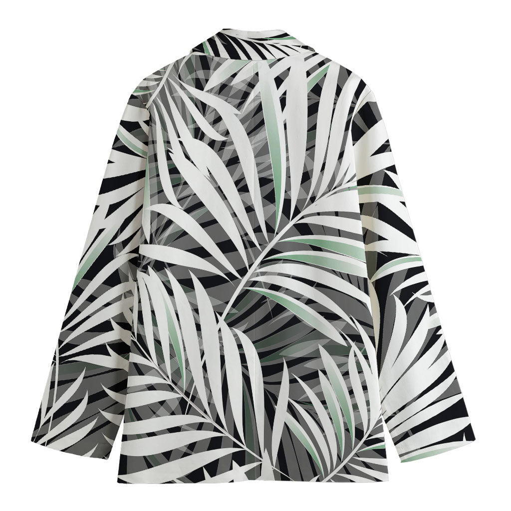 Black White Tropical Leaf Pattern Print Women's Cotton Blazer
