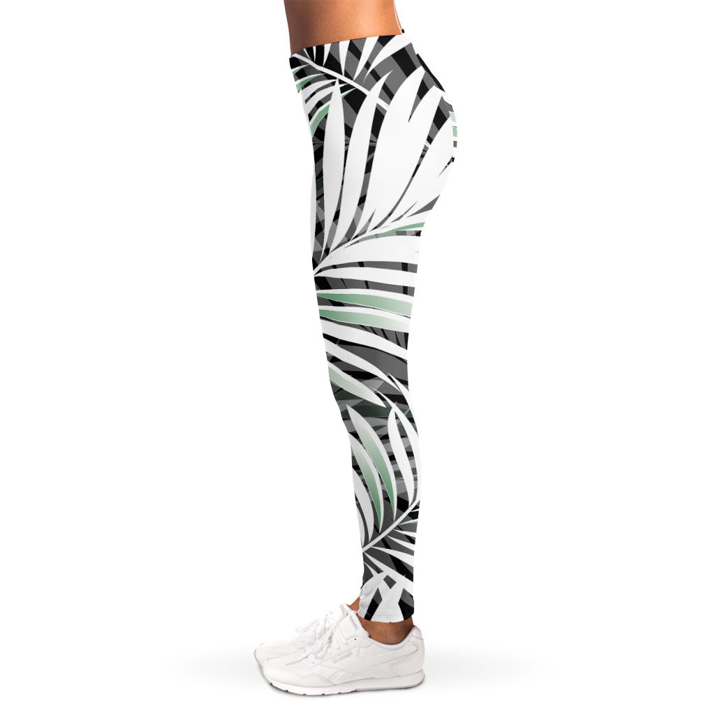 Black White Tropical Leaf Pattern Print Women's Leggings