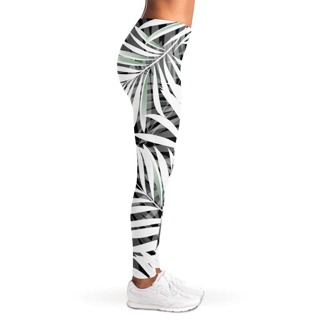 Black White Tropical Leaf Pattern Print Women's Leggings