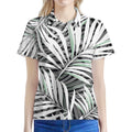 Black White Tropical Leaf Pattern Print Women's Polo Shirt