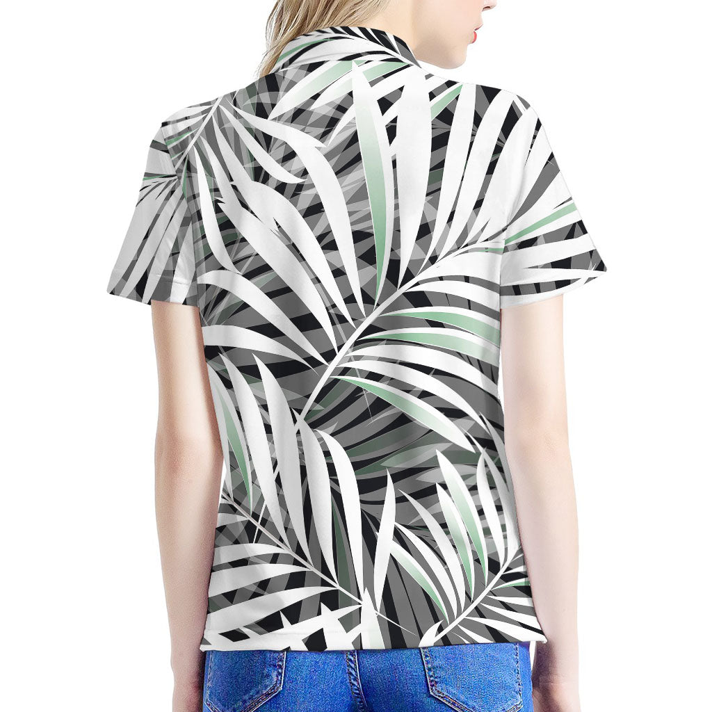 Black White Tropical Leaf Pattern Print Women's Polo Shirt