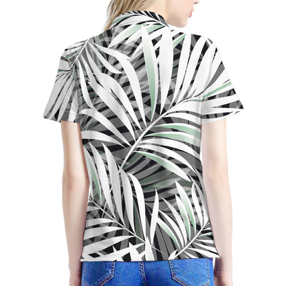 Black White Tropical Leaf Pattern Print Women's Polo Shirt