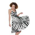 Black White Tropical Leaf Pattern Print Sleeveless Knee Length Dress
