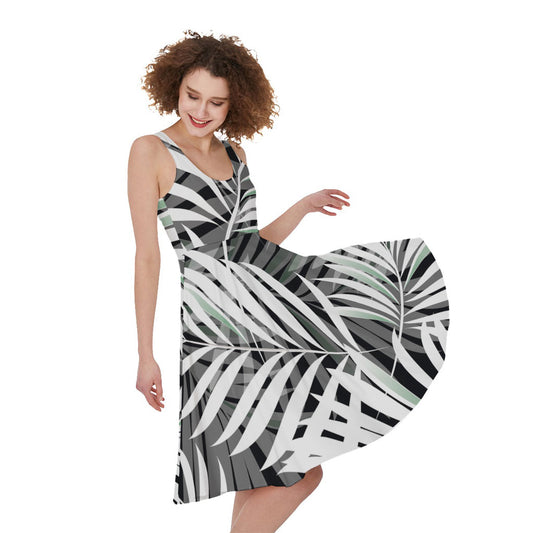 Black White Tropical Leaf Pattern Print Women's Sleeveless Dress