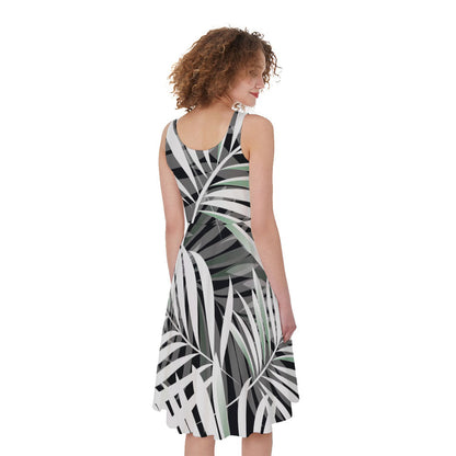 Black White Tropical Leaf Pattern Print Women's Sleeveless Dress