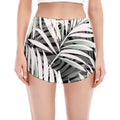Black White Tropical Leaf Pattern Print Women's Split Running Shorts