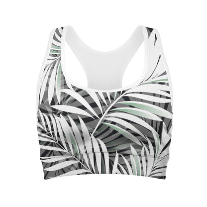 Black White Tropical Leaf Pattern Print Women's Sports Bra