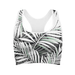 Black White Tropical Leaf Pattern Print Women's Sports Bra