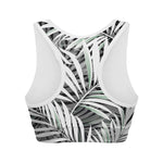 Black White Tropical Leaf Pattern Print Women's Sports Bra