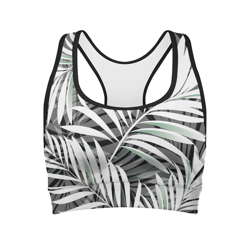 Black White Tropical Leaf Pattern Print Women's Sports Bra