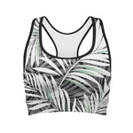 Black White Tropical Leaf Pattern Print Women's Sports Bra