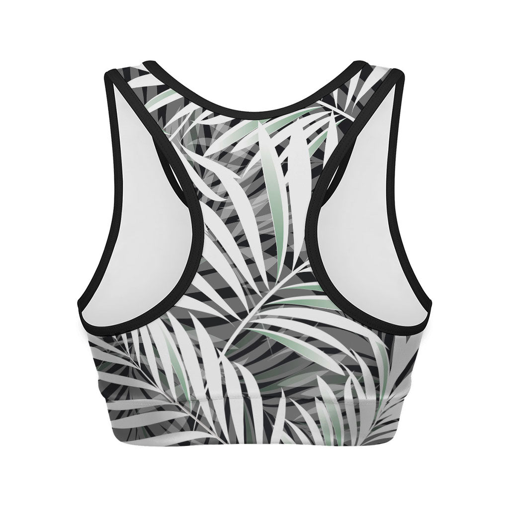 Black White Tropical Leaf Pattern Print Women's Sports Bra