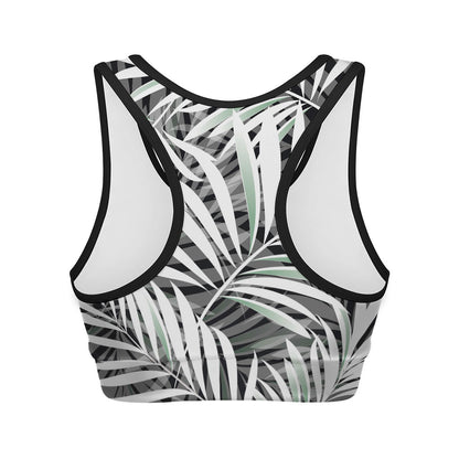 Black White Tropical Leaf Pattern Print Women's Sports Bra