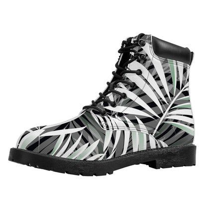 Black White Tropical Leaf Pattern Print Work Boots
