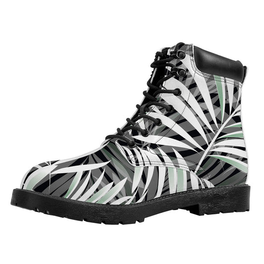 Black White Tropical Leaf Pattern Print Work Boots