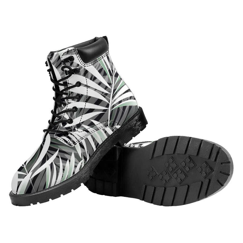 Black White Tropical Leaf Pattern Print Work Boots