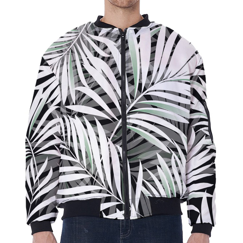 Black White Tropical Leaf Pattern Print Zip Sleeve Bomber Jacket