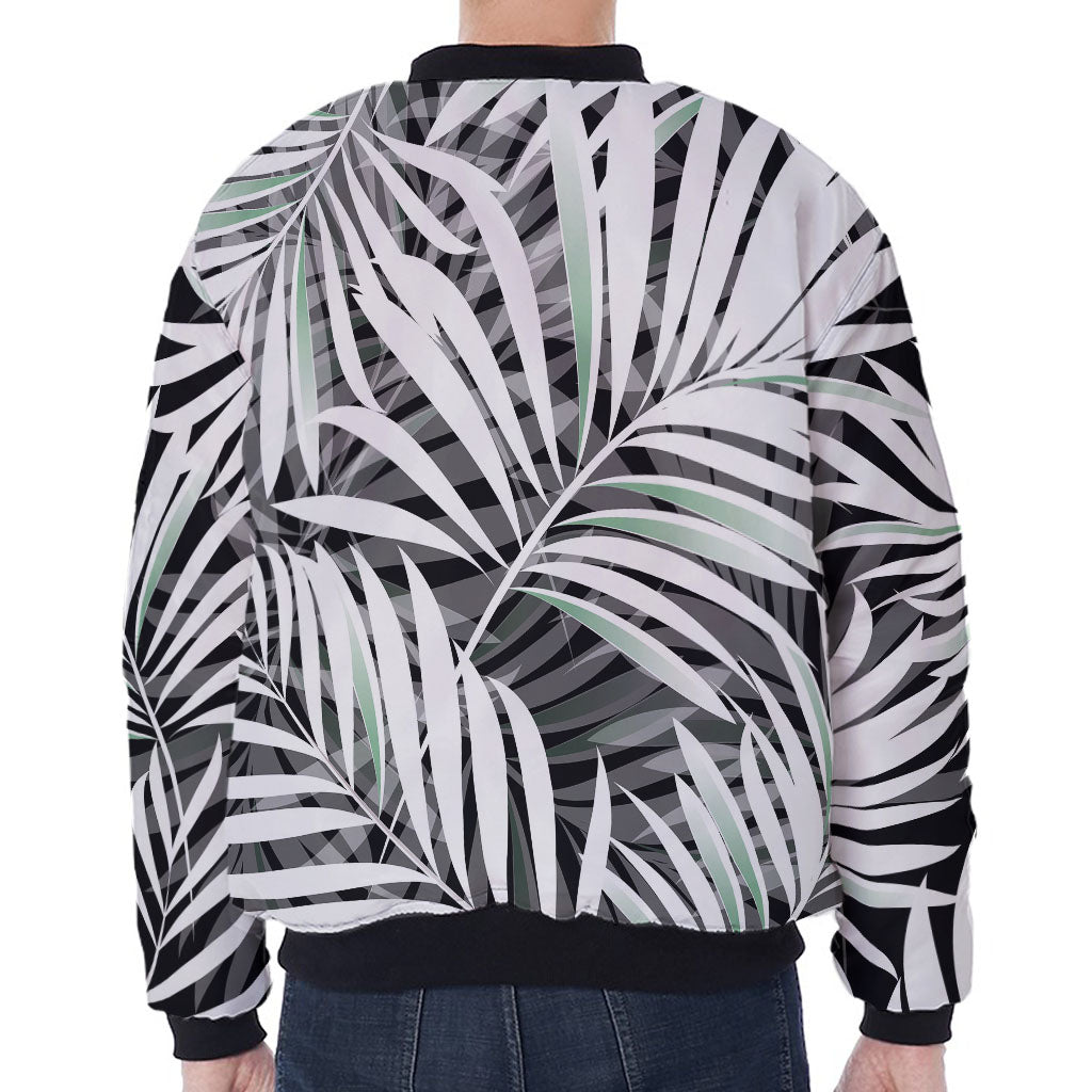 Black White Tropical Leaf Pattern Print Zip Sleeve Bomber Jacket