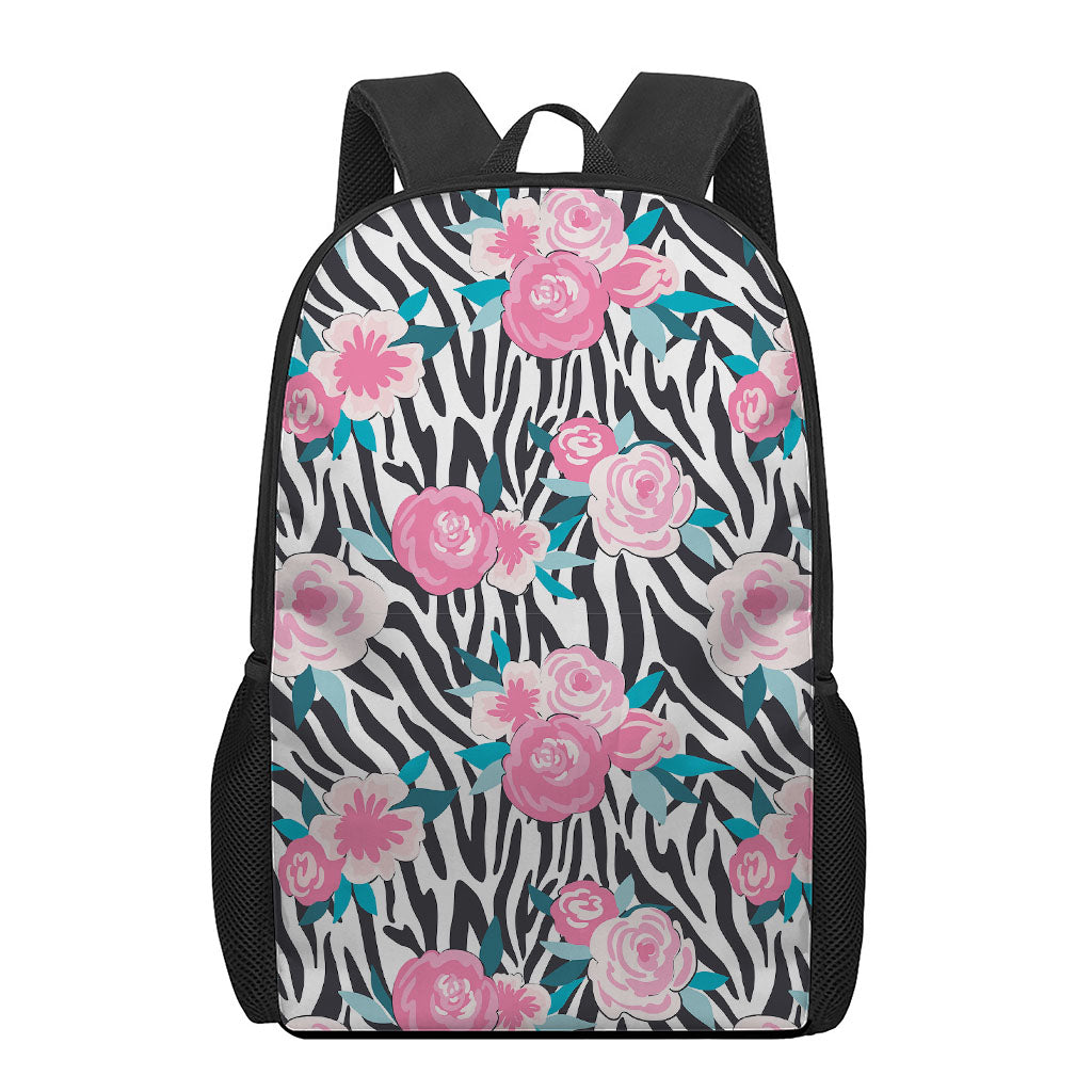 Black White Zebra Floral Pattern Print 17 Inch Backpack
