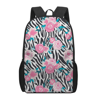 Black White Zebra Floral Pattern Print 17 Inch Backpack
