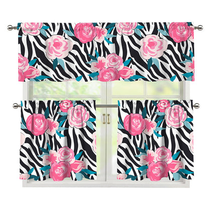 Black White Zebra Floral Pattern Print 3 Piece Kitchen Curtains