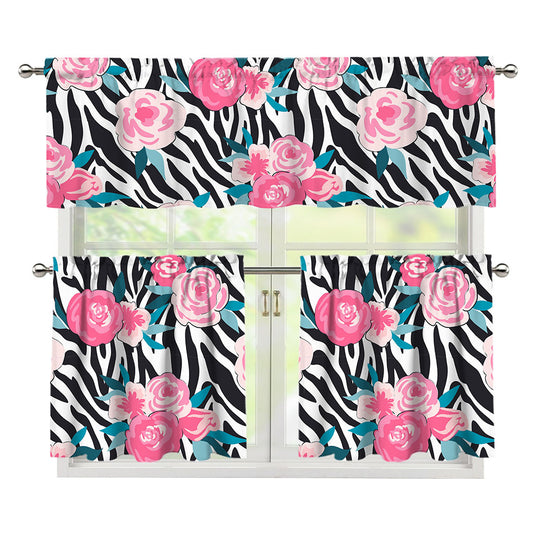 Black White Zebra Floral Pattern Print 3 Piece Kitchen Curtains