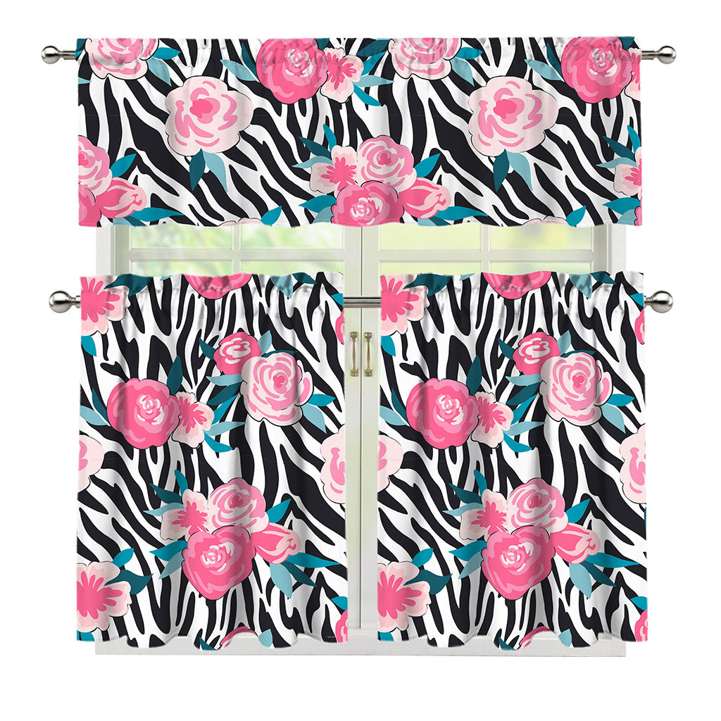 Black White Zebra Floral Pattern Print 3 Piece Kitchen Curtains