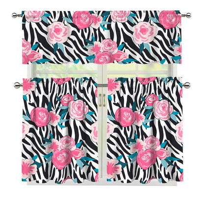 Black White Zebra Floral Pattern Print 3 Piece Kitchen Curtains