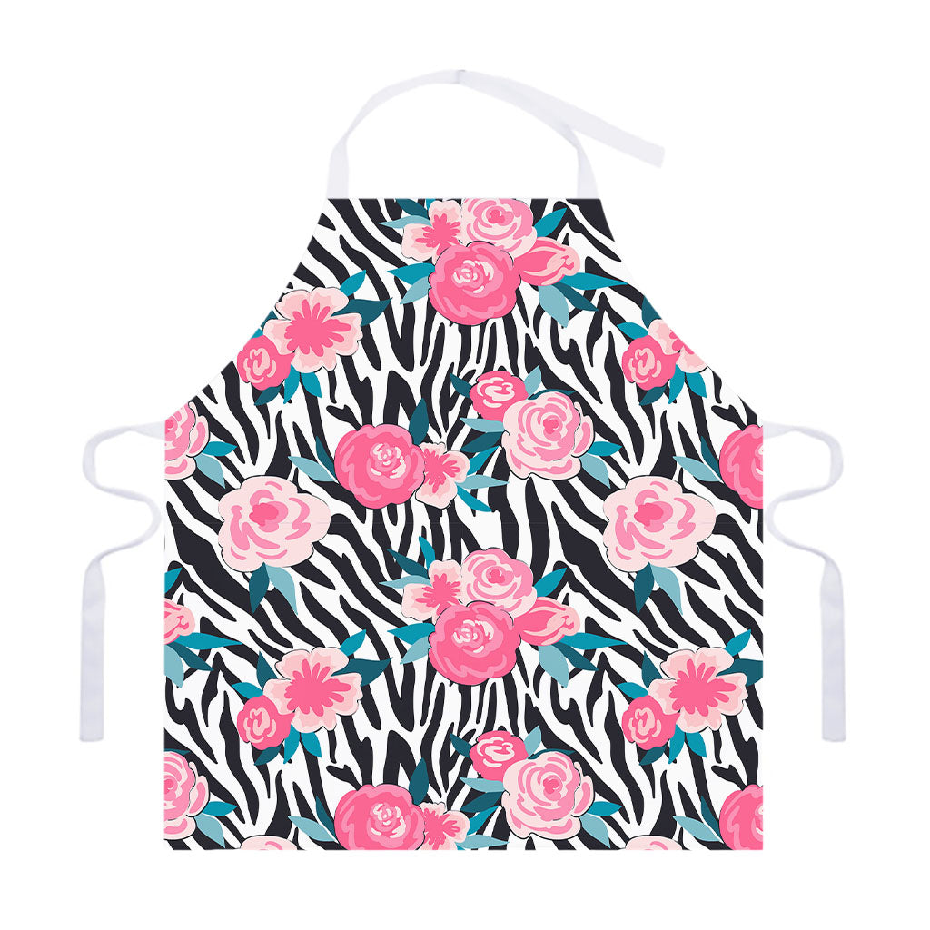 Black White Zebra Floral Pattern Print Adjustable Apron
