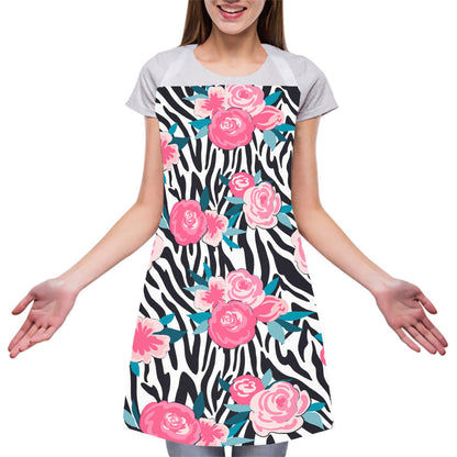 Black White Zebra Floral Pattern Print Adjustable Apron
