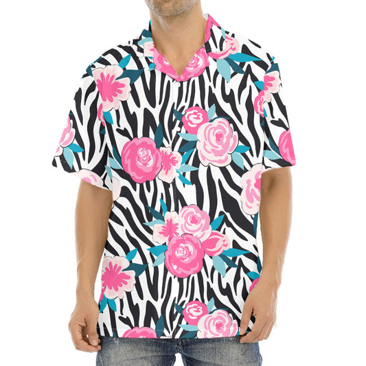 Black White Zebra Floral Pattern Print Aloha Shirt