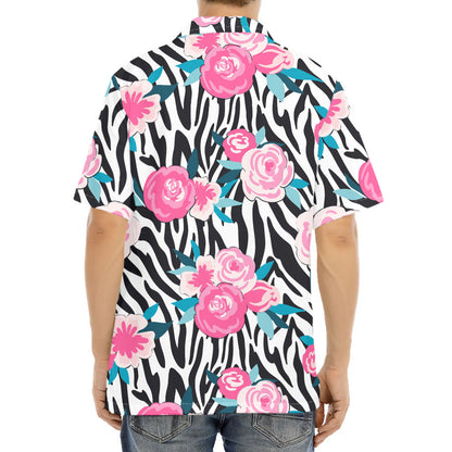 Black White Zebra Floral Pattern Print Aloha Shirt