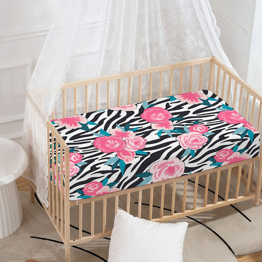 Black White Zebra Floral Pattern Print Baby Crib Sheet