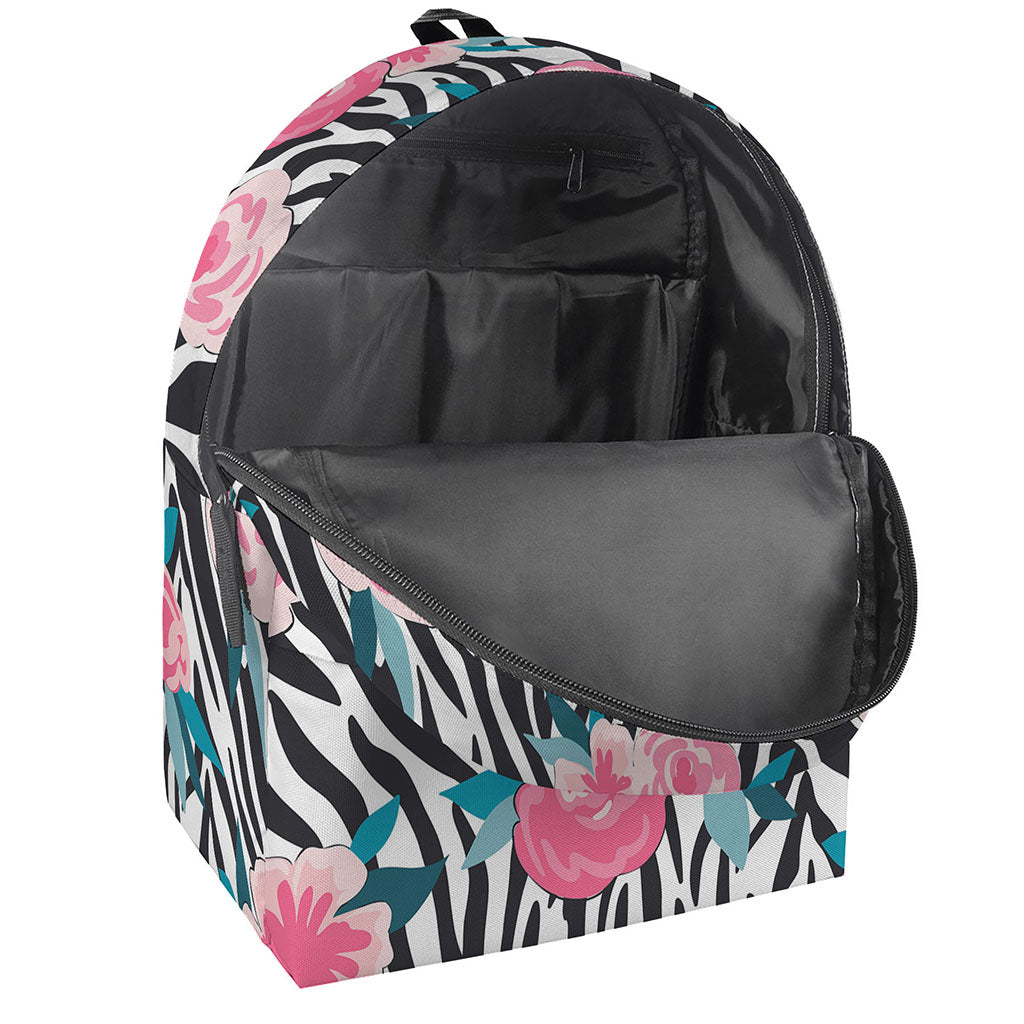 Black White Zebra Floral Pattern Print Backpack